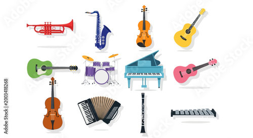 Musical instruments collection on white
