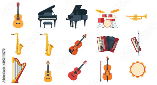 Musical instruments collection on white