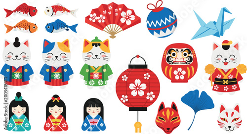Japanese Culture Set with Maneki Neko, Kimonos, Lanterns, Origami, Fish, and Masks Vector Illustration