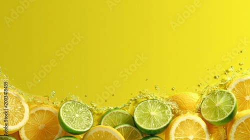 Lemon and lime on yellow with water splashes and copy room