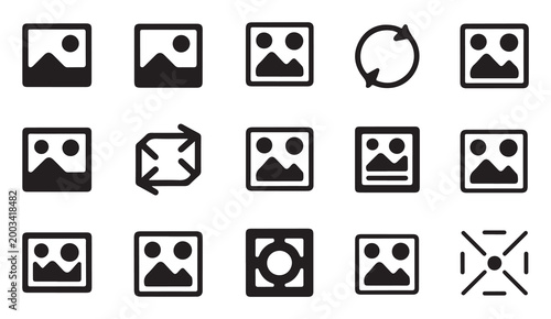 Set of black photography and camera interface glyph icons for modern digital user interface.