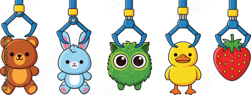 Claw Machine Prizes Set with Bear, Bunny, Duck, Owl, and Strawberry Characters Vector Illustration