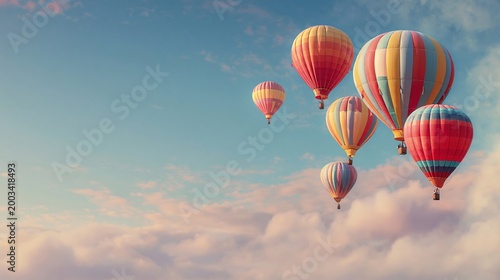 Dreamy summer sky banner with balloons and clouds