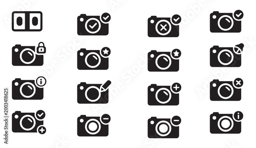 Photography camera settings icon pack with lock check mark star edit and delete functions.