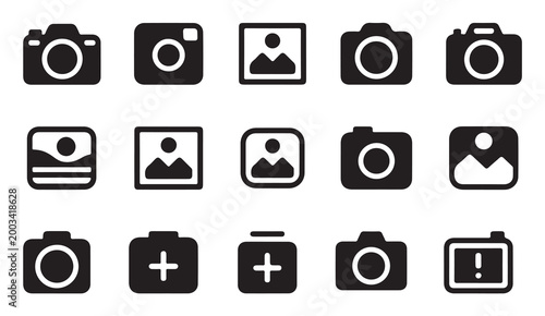 Camera and gallery icons set for mobile application interface design with photography tools.