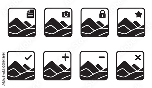Landscape photography management icons featuring mountain scenery and file status indicators.