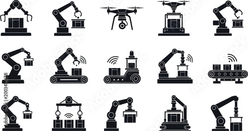 Industrial robotic arms and drones icons