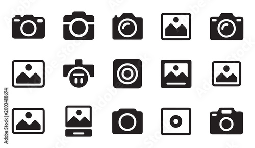 Professional photography equipment and image gallery solid icons for creative media design.