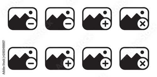 Landscape photo editing icons with add remove and delete symbols for digital gallery design.