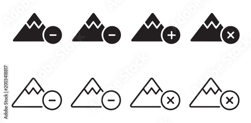 Mountain landscape interaction icons with operational symbols for file management system design.