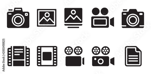 Photography and videography media icon set featuring cameras film strips and document files.