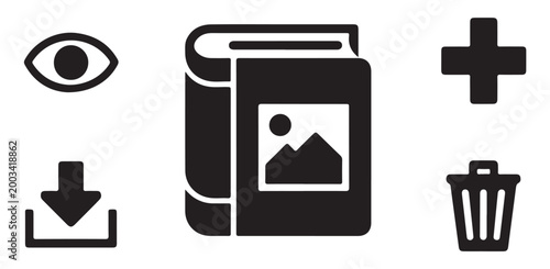 Icon set featuring eye view book image download and trash bin for website user interface design.