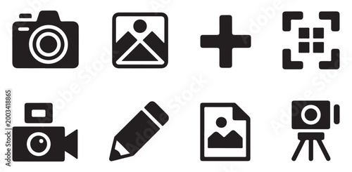 Creative photography and design icons including camera lens pen tool and tripod equipment set.