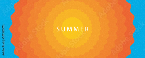 Abstract minimal summer horizontal poster, cover, banner, card with bright sun in the blue sky and modern typography. Summer holidays, journey, vacation travel illustration. Promo ads design template