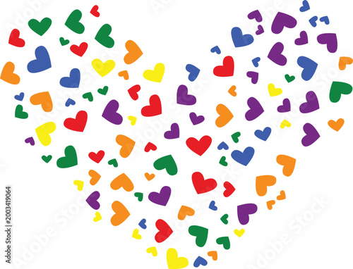 Colorful rainbow small hearts forming a large heart shape isolated on white, symbolizing LGBTQ pride, diversity, and equality