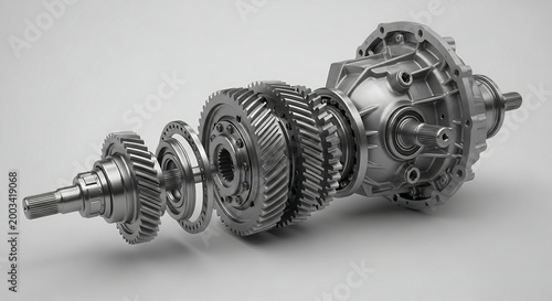 Exploded view of a complex automotive transmission showing various gears and shafts.