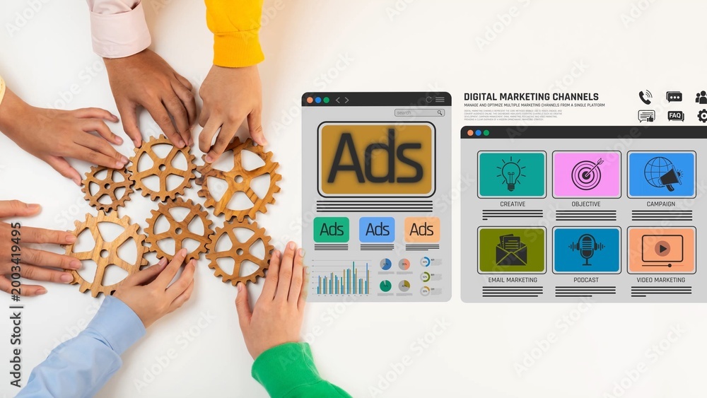 Obraz premium Hands Collaborating on Marketing Strategy Using Digital Tools and Gears to Represent Ads and Channels in a Contemporary Workspace Setting Sigmoid