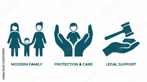 Vector icons for family, child protection, care, and legal support