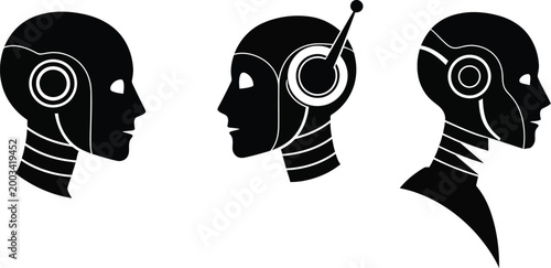 Black robot head silhouettes with white details