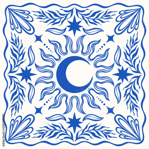 Hand drawn Mediterranean summer scarf print set. Decorative blue square ornament with sun, moon and botanical elements. Vector illustration.