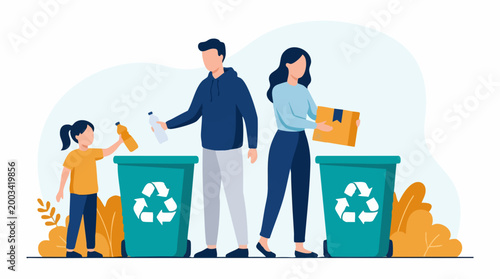 Family recycling: Parents and child putting waste into separate bins
