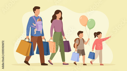 Happy family with baby and children walking with shopping bags, illustration