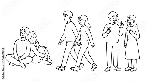 Engaged couple walking together in outlined format, having fun