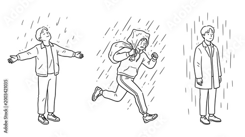 Rainy day dynamics featuring three characters in the downpour