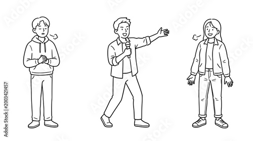 Three individuals engaging in stage presentation and emotional expressions.