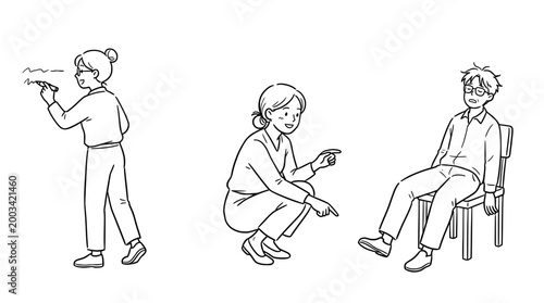 Three individuals engaged in skillful activities and playful interactions.