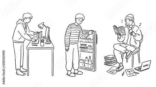 Young individuals balancing leisure and responsibilities at home.