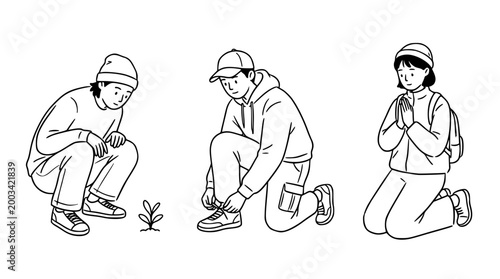 Characters engaging with nature through planting and nurturing in line art