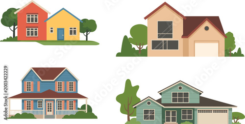 Foto Set of modern and traditional residential house illustrations featuring suburban