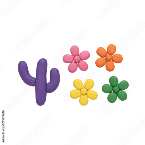 Plasticine clay cactus and flower vector set, handmade colorful desert plants for creative organic design