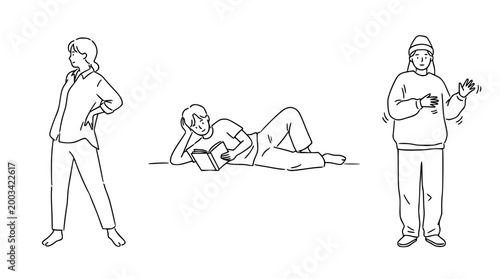 Three individuals showcasing diverse poses in a minimalist style.