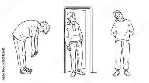 Three figures expressing different poses in daily routine sketches.