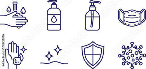 Covid 19 prevention and hygiene line icons for safety measures