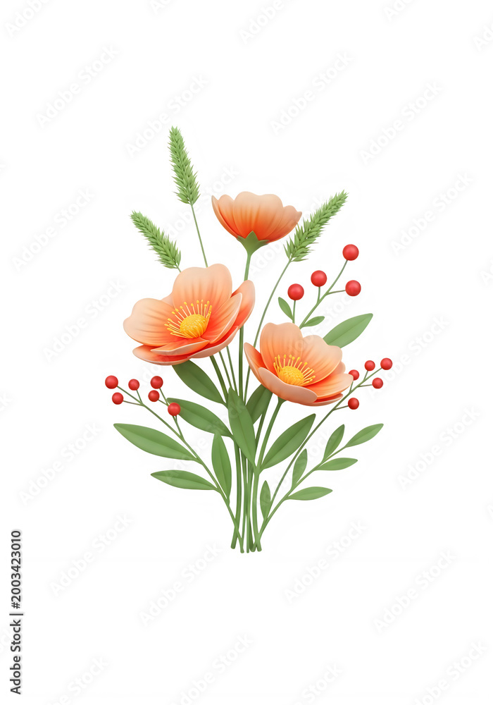 Fototapeta premium Beautiful small bouquet of orange flowers and green leaves