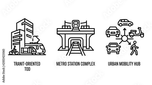 Icons representing transit-oriented development a metro station complex an urban mobility hub public transport smart city mobility building transport architecture pedestrian illustration