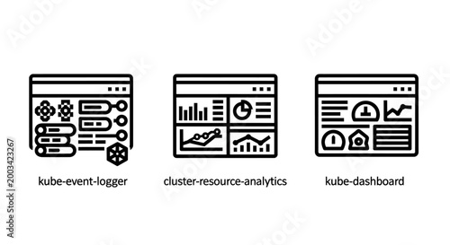 Cloud computing dashboard icons for kubernetes event logging cluster resource analytics and software system monitoring interfaces with dashboard kubernetes software technology analytics interface
