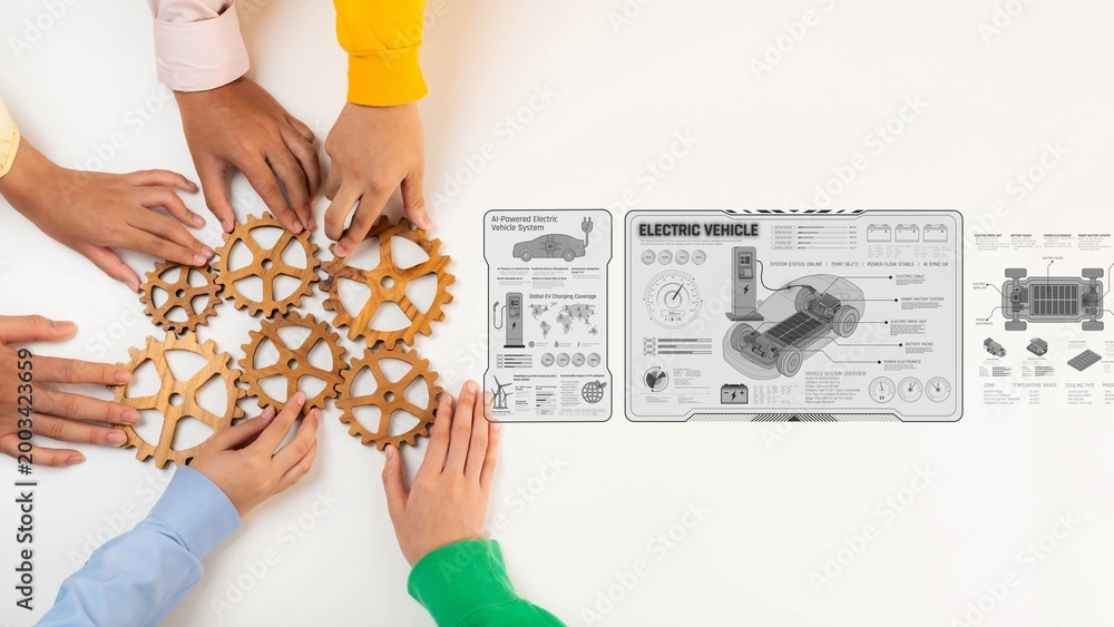 Obraz premium Hands reach for wooden gears while reviewing an electric vehicle concept on a white table, symbolizing teamwork and innovation in engineering and design projects. Raster