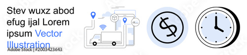 Supply chain, time management, logistics planning, e-commerce, financial tracking, transport systems. Delivery truck with location points, dollar icon and clock. Logistics and time management