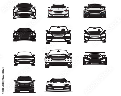 Modern Car Front View Icons Set for Automotive Industry Vector Illustration