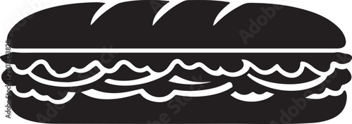 Submarine sandwich icon showing long baguette bun with various fillings representing healthy deli lunch option silhouette vector art