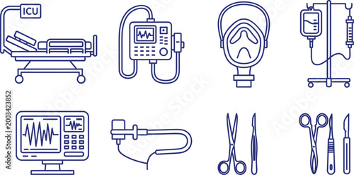 Medical equipment line icons hospital devices and intensive care units