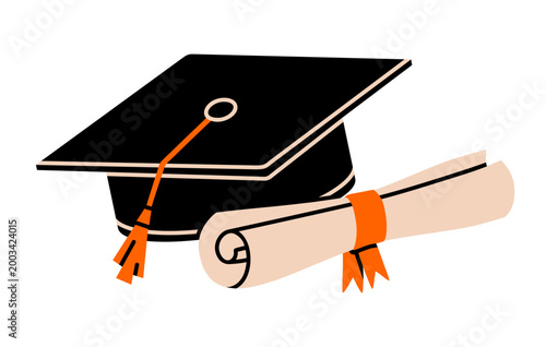 Hand drawn illustration of graduation cap with diploma. Flat vector university hat and certificate doodle. Academy achievement sigh. Education or study sticker, icon. Commencement ceremony. Isolated.