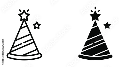 Black and white party hat with star topper vector icons