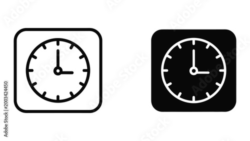 Minimalist analog clock icons in contrasting styles