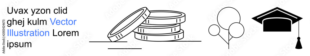Fototapeta premium Education, graduation savings, financial planning, milestones, celebration, academic success. A stack of coins, balloons and a graduation cap. Education and financial planning concepts