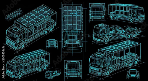 AutoCAD Electric Freight Vehicle Blueprint – Top Side View Logistics Truck Cyan Outline